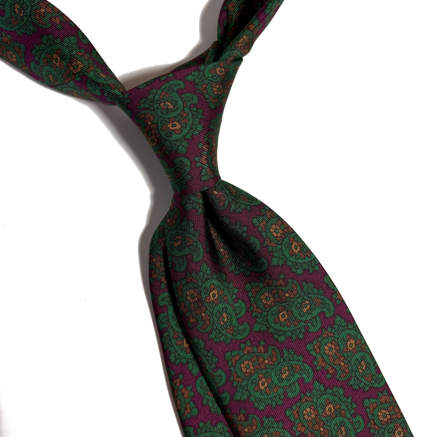 Hand-Printed Wine Red & Green Paisley Ancient Madder Silk Tie-1