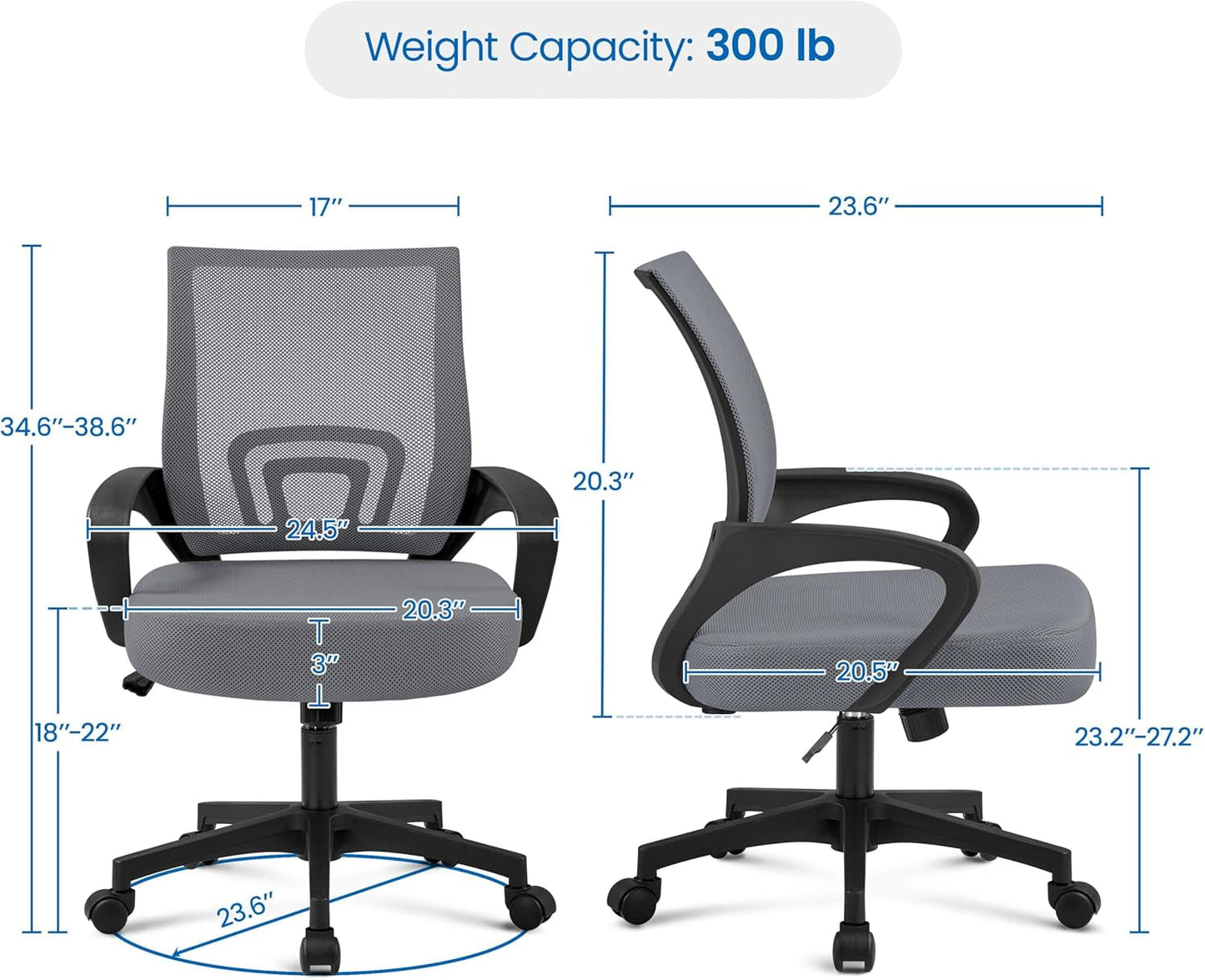 2 Pack Ergonomic Office Chair with 360° Rolling Casters, Mesh Mid-Back Computer Chair for Recreation Dark Gray-2