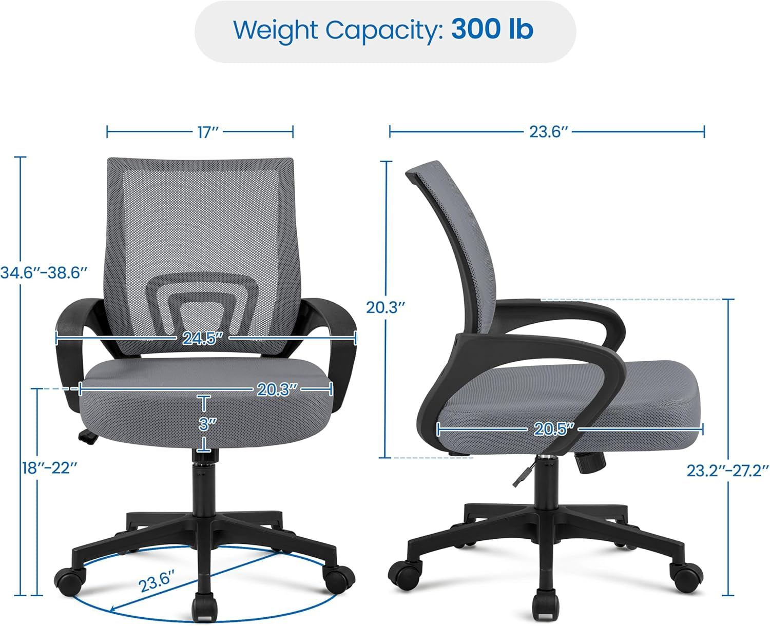 2 Pack Ergonomic Office Chair with 360° Rolling Casters, Mesh Mid-Back Computer Chair for Recreation Dark Gray-2