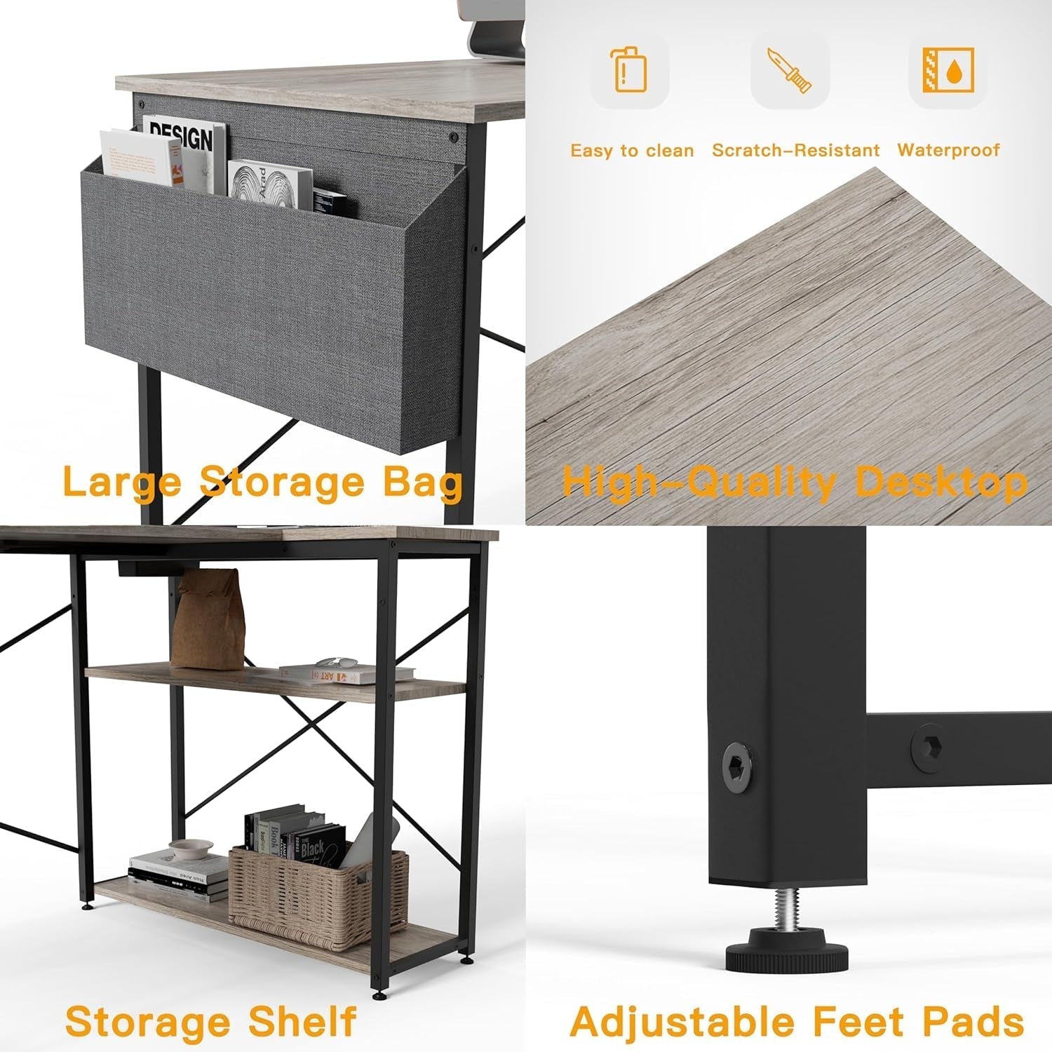 L Shaped Computer Desk with Power Outlets, 47 Inch Gaming Desk, Small Desk Corner Desk with Reversible Shelves, Study Desk Writing Desk for Home Office Bedroom, Work from Home, Gray-4