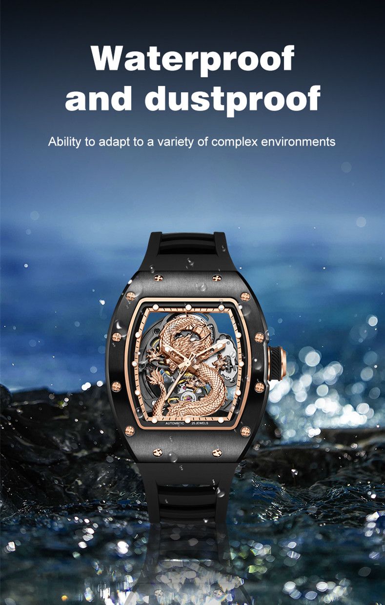 New Automatic Mechanical Skeleton Men Watch Luxury Stainless Steel Case Tonneau Dial Wristwatch Waterproof Sport Watches 9190-15-8