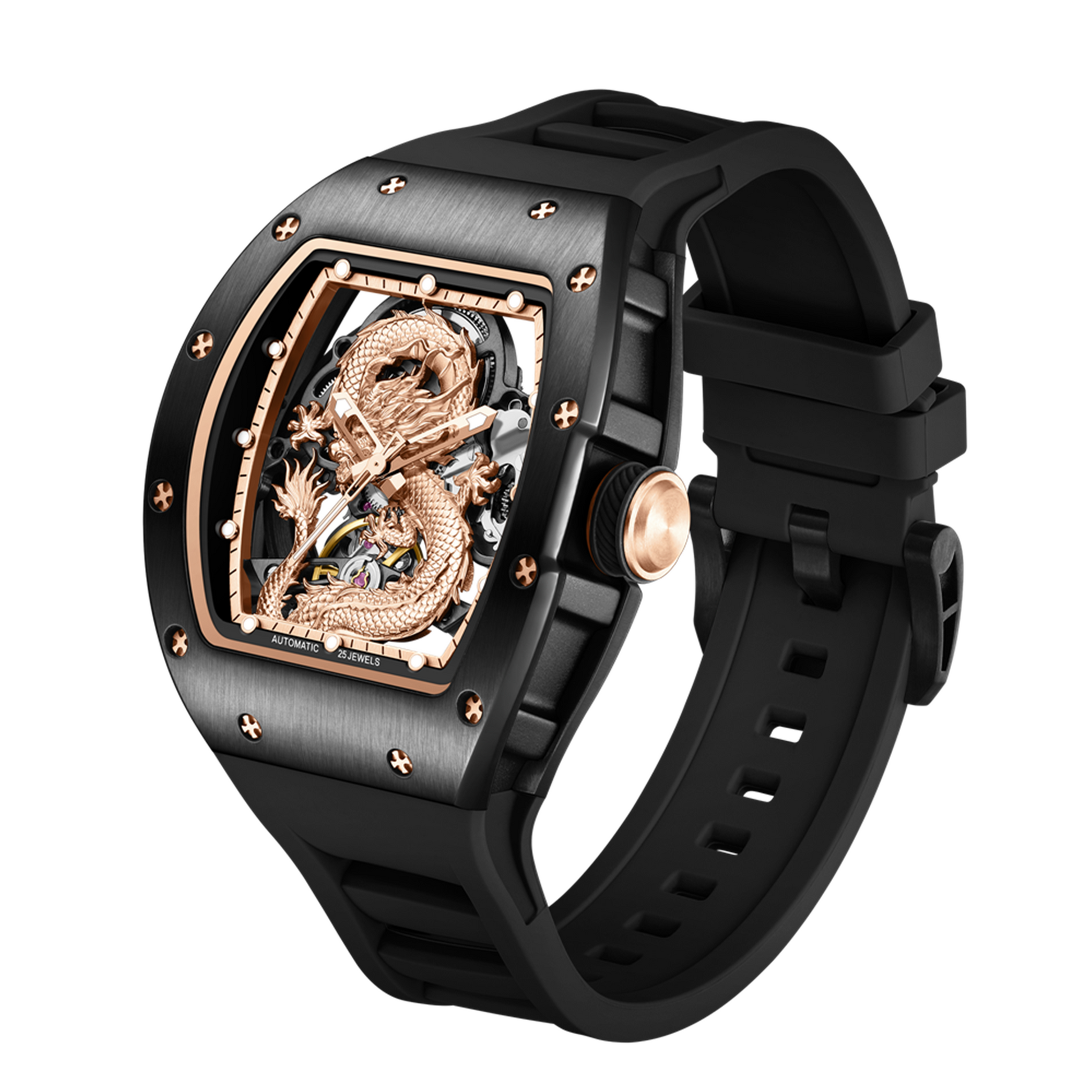 New Automatic Mechanical Skeleton Men Watch Luxury Stainless Steel Case Tonneau Dial Wristwatch Waterproof Sport Watches 9190-15-12