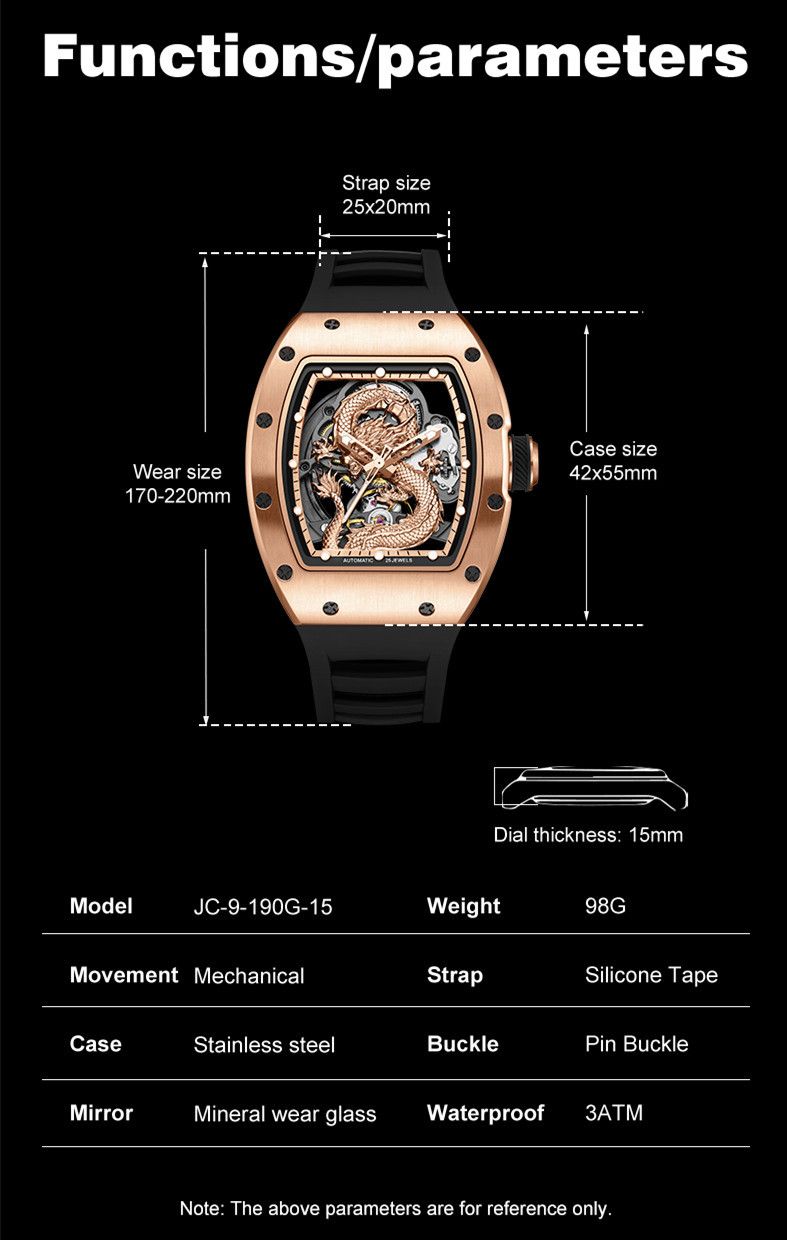 New Automatic Mechanical Skeleton Men Watch Luxury Stainless Steel Case Tonneau Dial Wristwatch Waterproof Sport Watches 9190-15-6