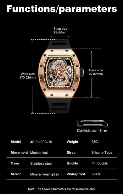 New Automatic Mechanical Skeleton Men Watch Luxury Stainless Steel Case Tonneau Dial Wristwatch Waterproof Sport Watches 9190-15-6
