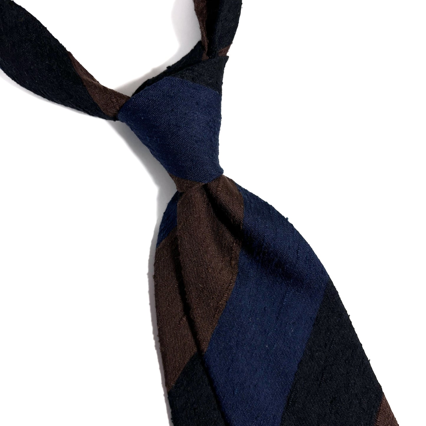 Untipped Blue / Brown Block Stripe Silk Shantung Tie-1