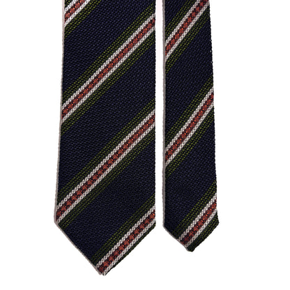 Navy Blue & Orange/Green Stripe Silk Grenadine Tie (Garza Fina)-2