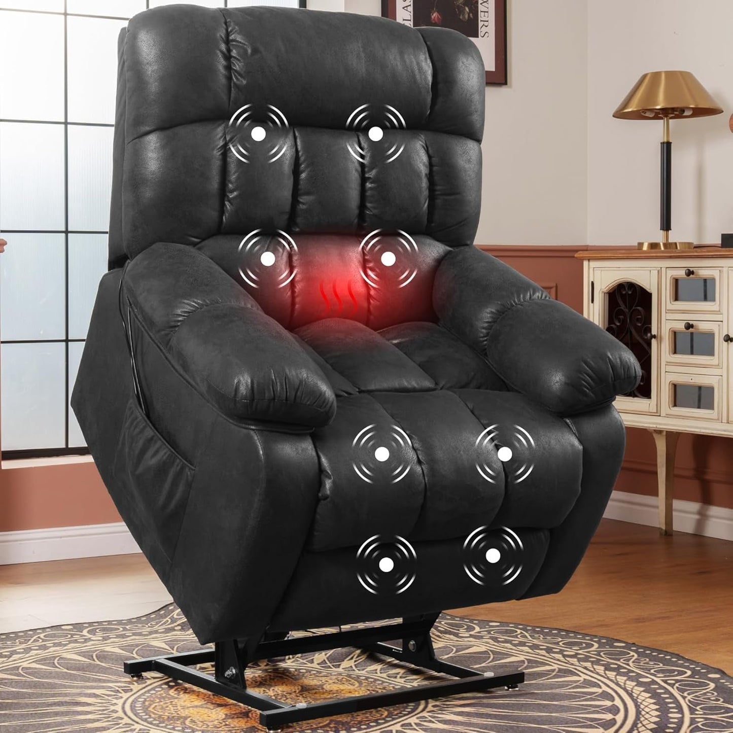 Dual OKIN Motor Power Lift Recliner Chair for Elderly, Electric Lay Flat Recliner W/Massage & Heat, Faux Leather Reclining Sofa W/Usb Ports for Living Room Bedroom, Black(Xl51)-0