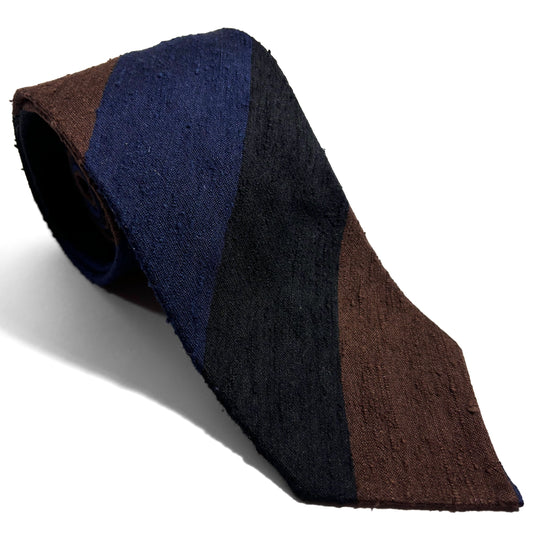 Untipped Blue / Brown Block Stripe Silk Shantung Tie-0