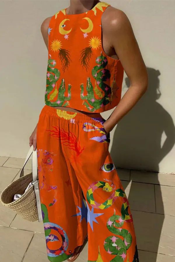 Casual Print Pocket O Neck Sleeveless Two Pieces