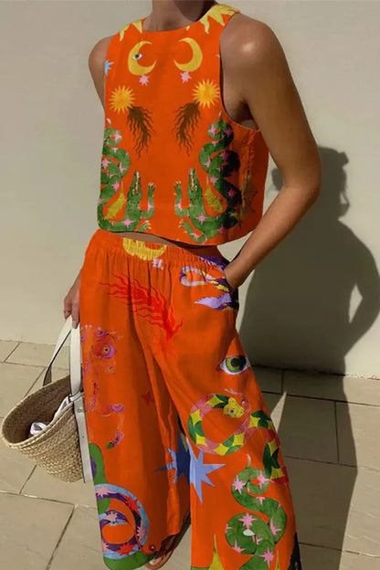 Casual Print Pocket O Neck Sleeveless Two Pieces