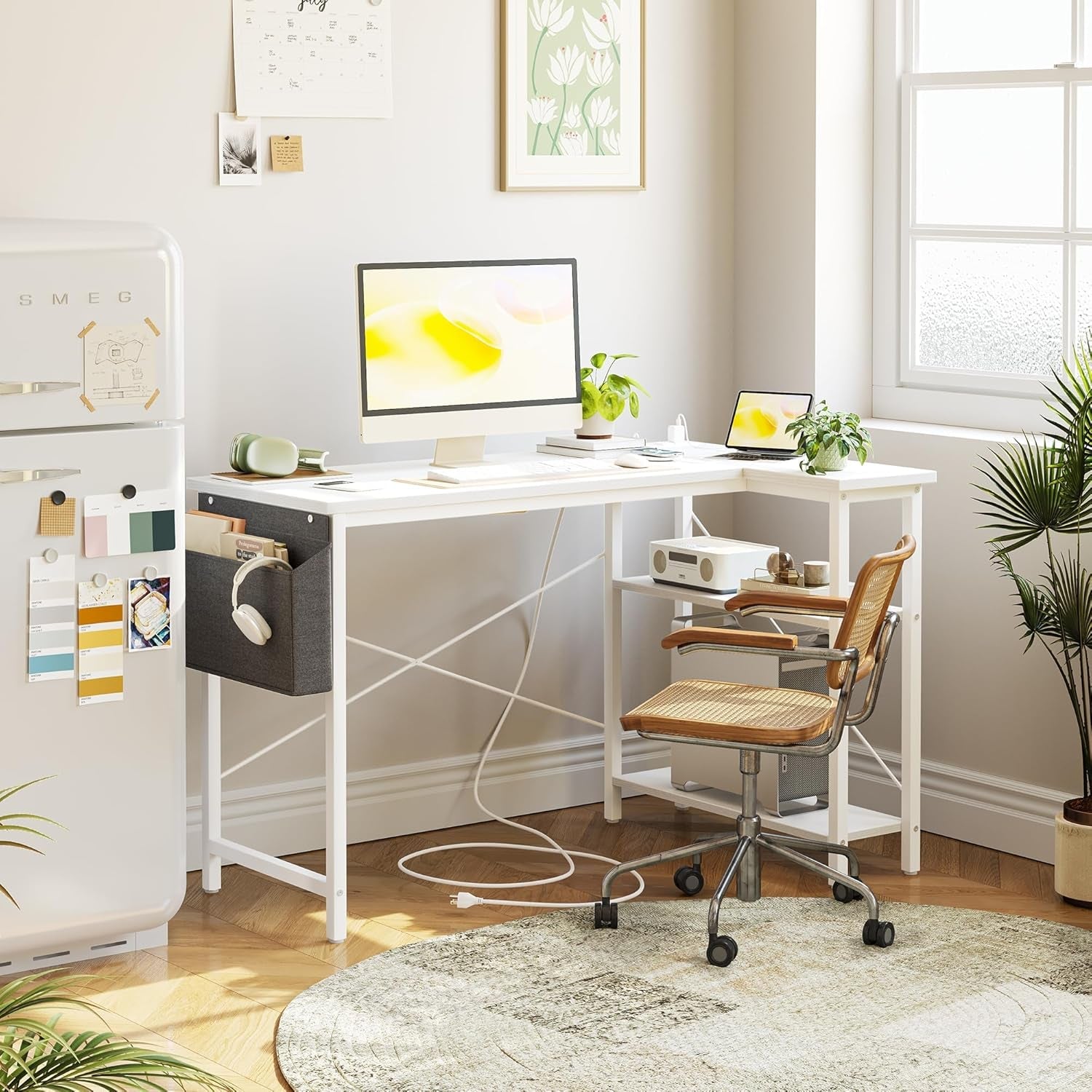 Small Computer Desk with Power Outlets, 40 Inch L Shaped Desk with Reversible Shelves, Gaming Desk Corner Desk Study Writing Desk for Home Office Bedroom Small Space, White-1
