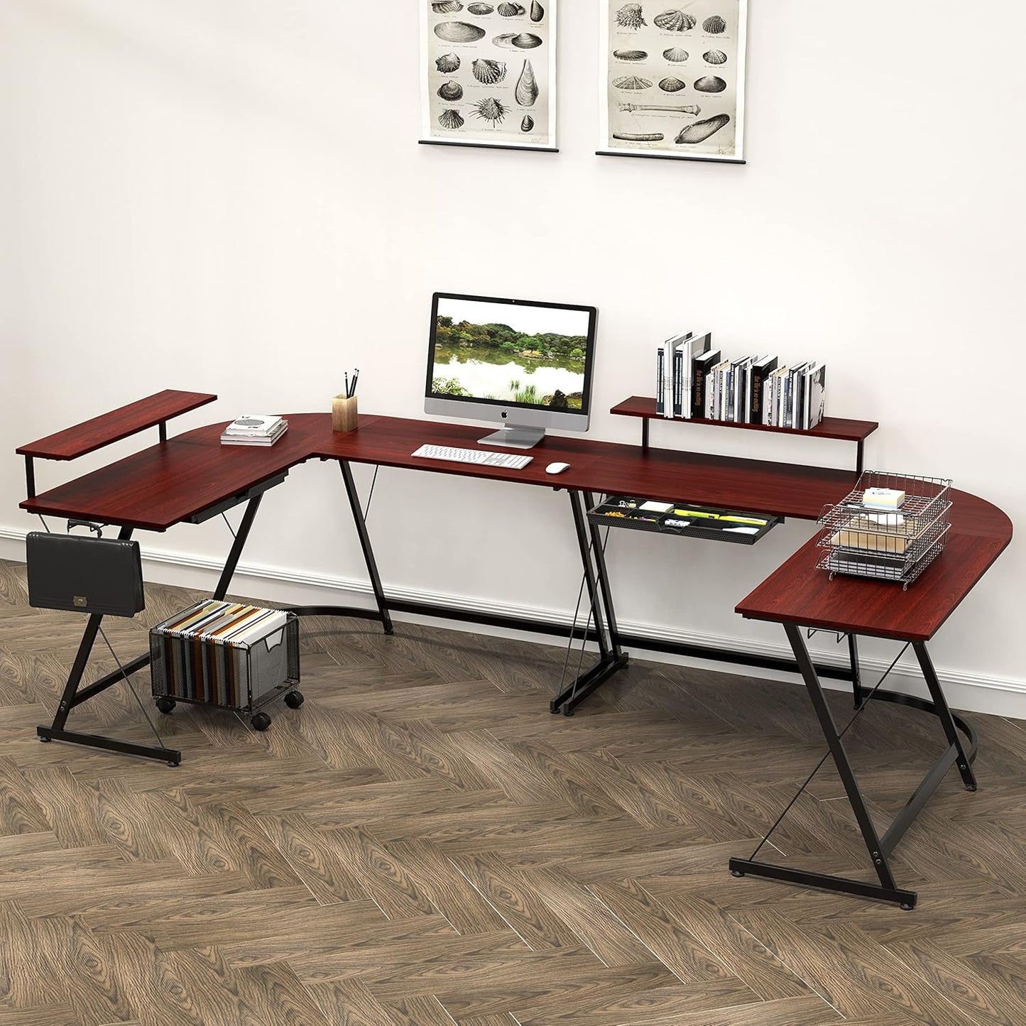 Vista L-Shape Desk with Monitor Stand, Cherry-1