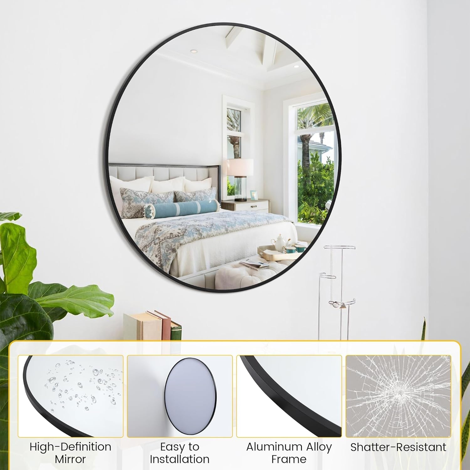 Round Mirror, 32 Inch Black Bathroom Mirror, Circle Mirror with Metal Frame, Large Stylish Wall Mirror, round Mirrors for Bathroom, Entryway, Bedroom, Vanity, Hallway, Living Room-1