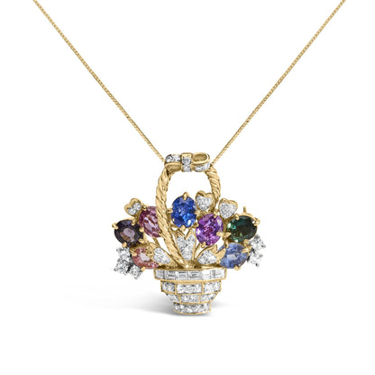 18K Yellow Gold 1 1/10 Cttw Diamond and Mixed Gemstone Floral Bouquet Pendant and Brooch Pin (G-H Color, VS1-VS2 Clarity)-4