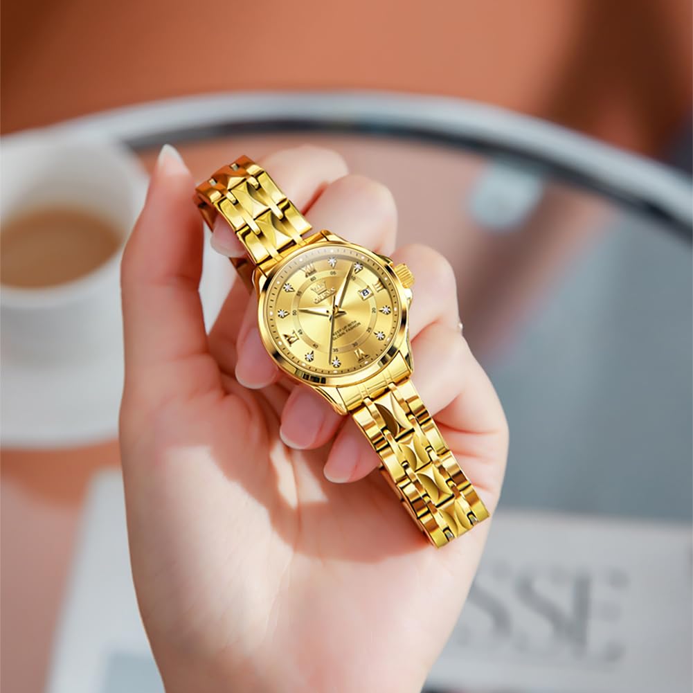 OLEVS Watch Women Gold Watches for Women Waterproof Dress Original Analog Quartz Adjustable Diamond Fashion Casual Classic Easy Read Round Stainless Steel Water Resistant Ladies Small Wrist Watch Woman Lady Female Wristwatch