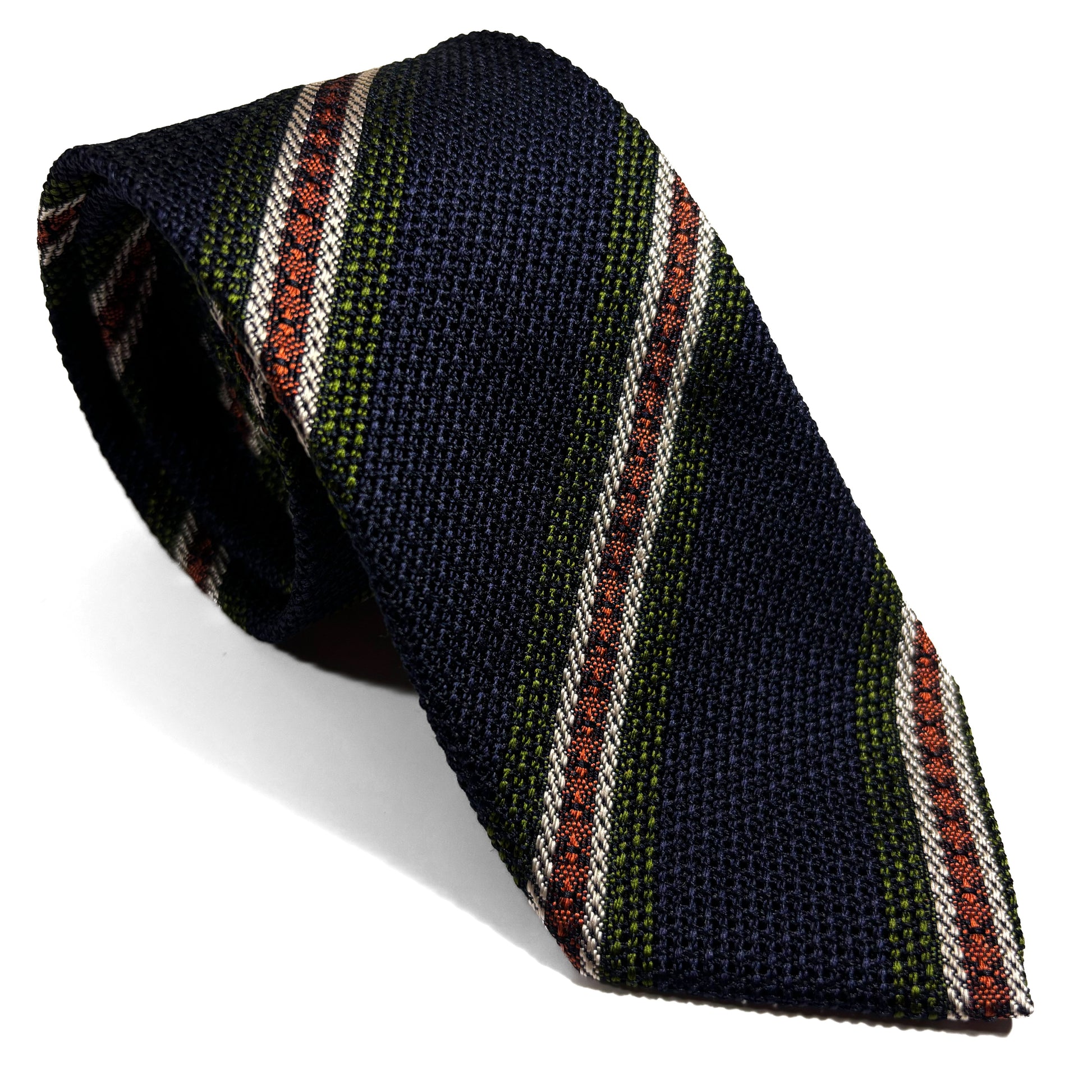 Navy Blue & Orange/Green Stripe Silk Grenadine Tie (Garza Fina)-0