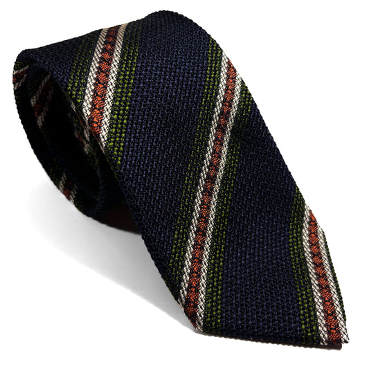 Navy Blue & Orange/Green Stripe Silk Grenadine Tie (Garza Fina)-0