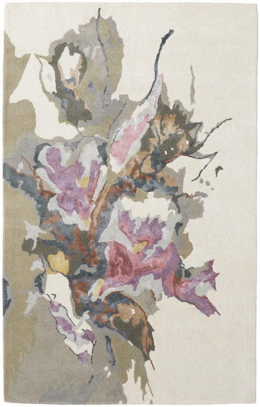 2' X 3' Pink and Green Wool Floral Hand Tufted Area Rug-1