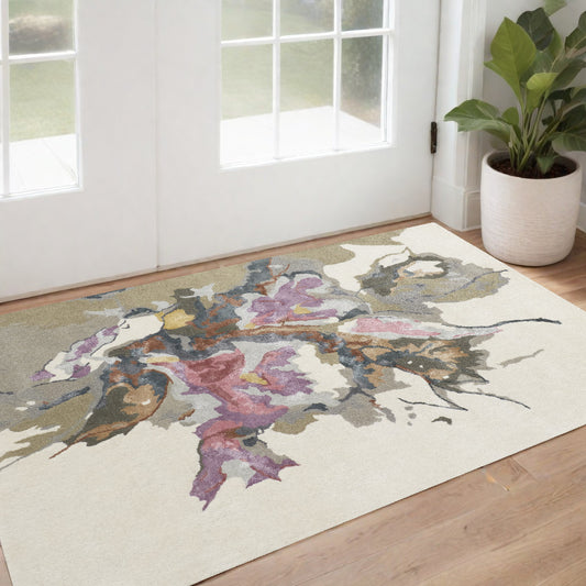 2' X 3' Pink and Green Wool Floral Hand Tufted Area Rug-0