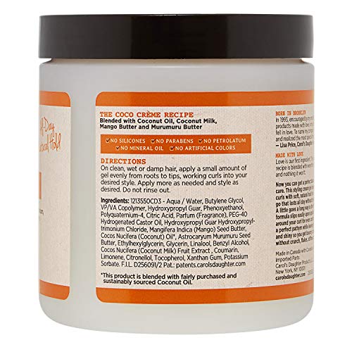 Carol’s Daughter Coco Creme Curl Shaping Cream Gel, with Coconut Oil, Coconut Milk, Hair Gel for Curly Hair , Silicone, Paraben and Mineral Oil Free, For Very Dry Split Ends, 16 Oz