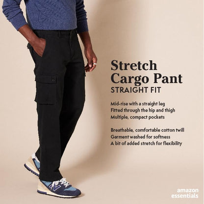 Amazon Essentials Men's Straight-Fit Stretch Cargo Pant (Available in Big & Tall), Black, 34W x 32L