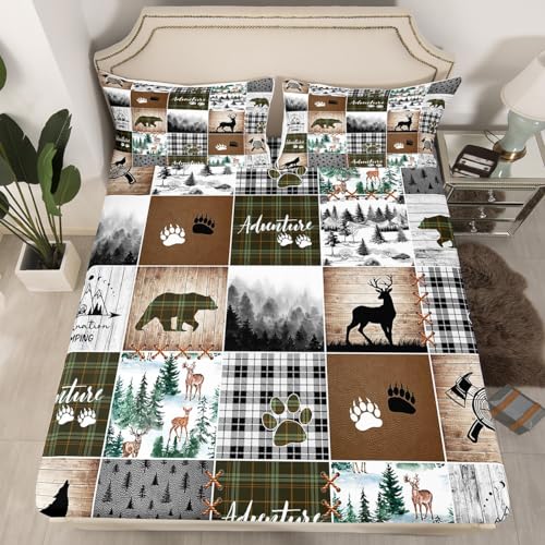 Camping Adventure Kids Fitted Sheet Twin Size,Deer Bear Wolf Wild Animal Hunting Bedding Set,Boys Girls Men Room Decor,Geometric Plaids Pines Bed Cover,Camo Rustic Bed Sheet,1 Pillowcase