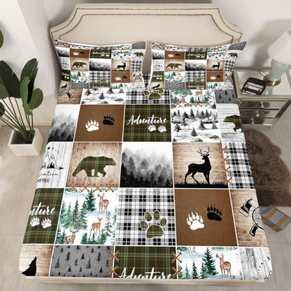 Camping Adventure Kids Fitted Sheet Twin Size,Deer Bear Wolf Wild Animal Hunting Bedding Set,Boys Girls Men Room Decor,Geometric Plaids Pines Bed Cover,Camo Rustic Bed Sheet,1 Pillowcase