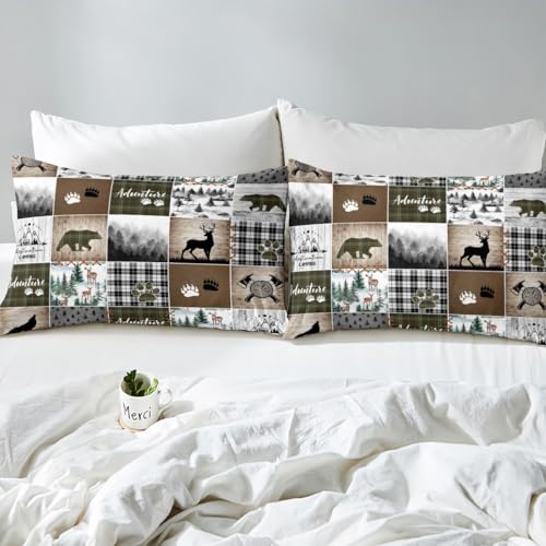 Camping Adventure Kids Fitted Sheet Twin Size,Deer Bear Wolf Wild Animal Hunting Bedding Set,Boys Girls Men Room Decor,Geometric Plaids Pines Bed Cover,Camo Rustic Bed Sheet,1 Pillowcase
