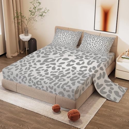 TBUEKLI Silver Gray Leopard Print Queen Size Bed Sheets, Cheetah Print Sheet Set for Girls Kids Boys Women African Animal Themed Fitted Sheet Bedroom Decor Bedding Set 4 Pieces Bed Cover