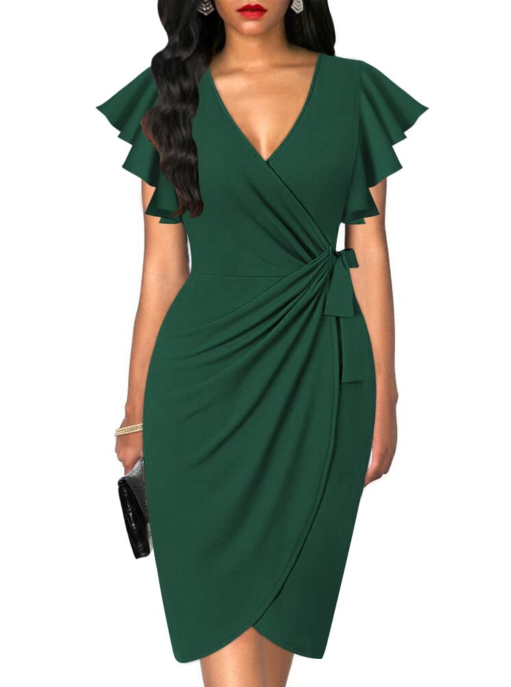 oten Women's Classic Ruffle Sleeve V-Neck Tie Belt Wrap Bodycon Office Cocktail Party Nightout Dresses Dark Green Medium