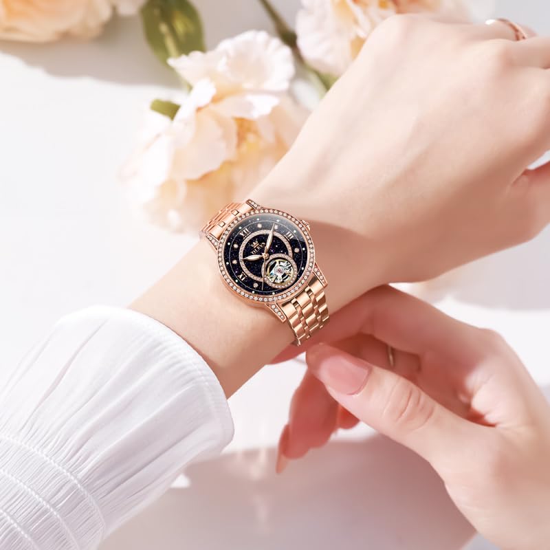 OLEVS Women’s Watch Automatic Diamond Tourbillon Luxury Fashion Stainless Steel Waterproof Luminous Wrist Watches for Ladies Gift Rose Gold/Starry Sky Blue/Silver