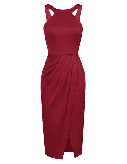 GRACE KARIN Women's Halter Neck Dresses Sexy Sleeveless Bodycon Slit Cocktail Midi Sheath Party Dressess,A-Red,XL