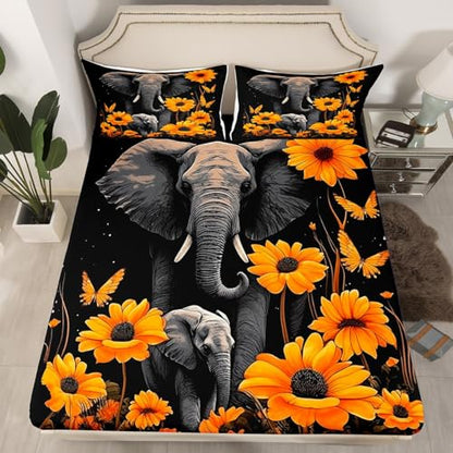Homewish Elephant Bed Sheet Set King Size,Tropical African Wild Animal Deep Pocket Fitted Sheet,1 Flat,2 Pillowcases,Starry Galaxy Sunflowers Butterfly Bed Mattress Cover, Bedroom Decor