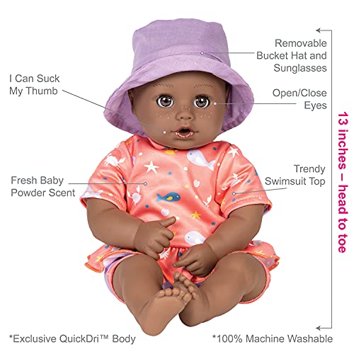 ADORA Beach Baby African American Doll with Sun-Activated Freckles, Clothes & Accessories Set, Adorable Baby Doll Made in Exclusive QuickDri Vinyl Birthday Gift for Ages 1+ - Baby Piper