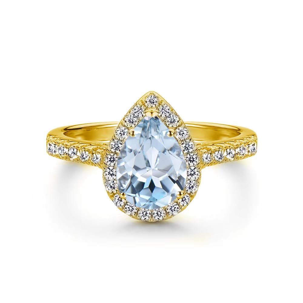 SISGEM Aquamarine Engagement Ring with Natural Diamond,10k Gold 1.0 Carat Pear Cut Natural Aquamarine Rings Engagement Wedding Anniversary Promise Bridal Bands Free Engraved