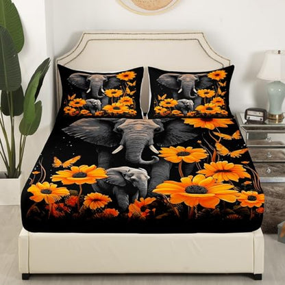Homewish Elephant Bed Sheet Set King Size,Tropical African Wild Animal Deep Pocket Fitted Sheet,1 Flat,2 Pillowcases,Starry Galaxy Sunflowers Butterfly Bed Mattress Cover, Bedroom Decor