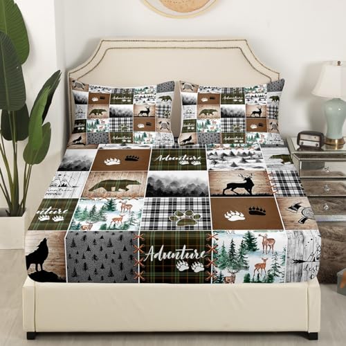 Camping Adventure Kids Fitted Sheet Twin Size,Deer Bear Wolf Wild Animal Hunting Bedding Set,Boys Girls Men Room Decor,Geometric Plaids Pines Bed Cover,Camo Rustic Bed Sheet,1 Pillowcase