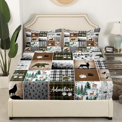 Camping Adventure Kids Fitted Sheet Twin Size,Deer Bear Wolf Wild Animal Hunting Bedding Set,Boys Girls Men Room Decor,Geometric Plaids Pines Bed Cover,Camo Rustic Bed Sheet,1 Pillowcase