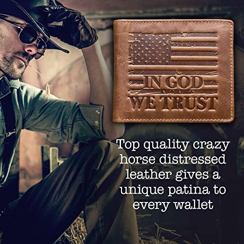 MID WEST RANGE American Flag Wallet - Western Wallet for Men - ‘IN GOD WE TRUST’ - RFID Blocking & 9 Card Slots - Distressed Leather Patriotic American Flag Cowboy Wallet