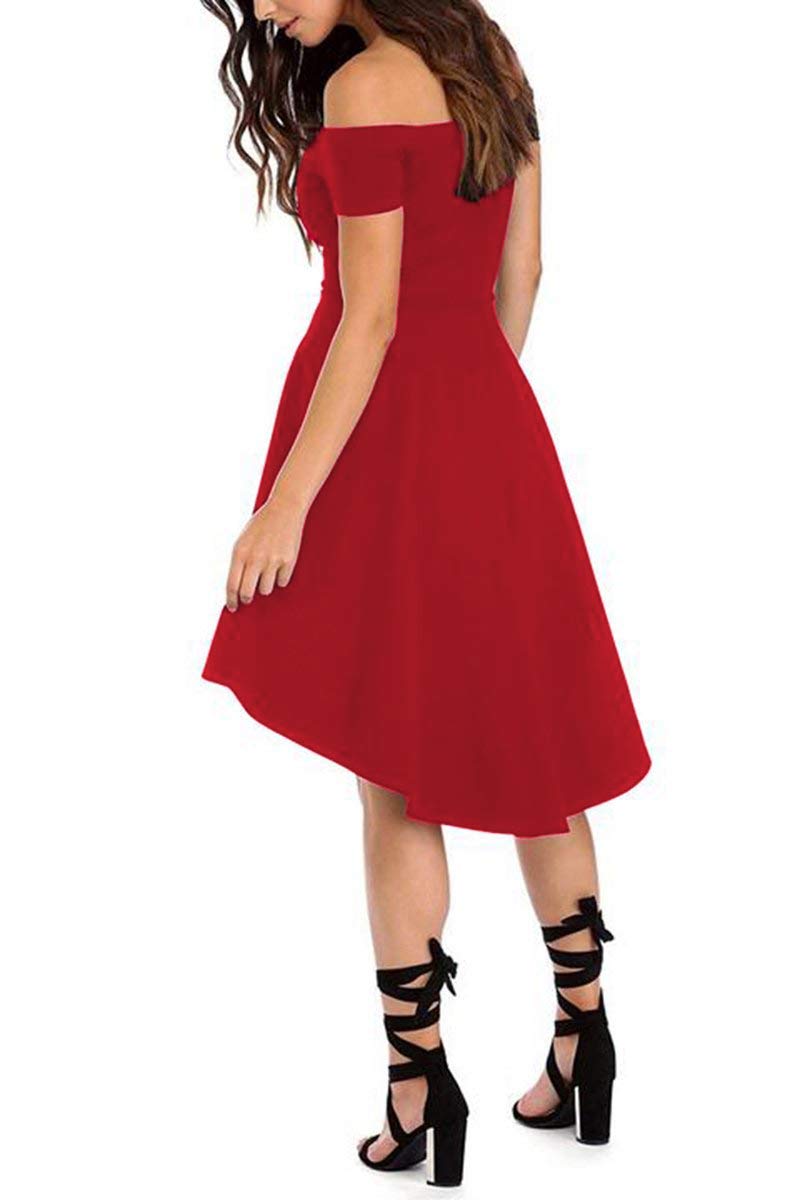 Sarin Mathews Women Off The Shoulder Short Sleeve High Low Cocktail Skater Dress Red S