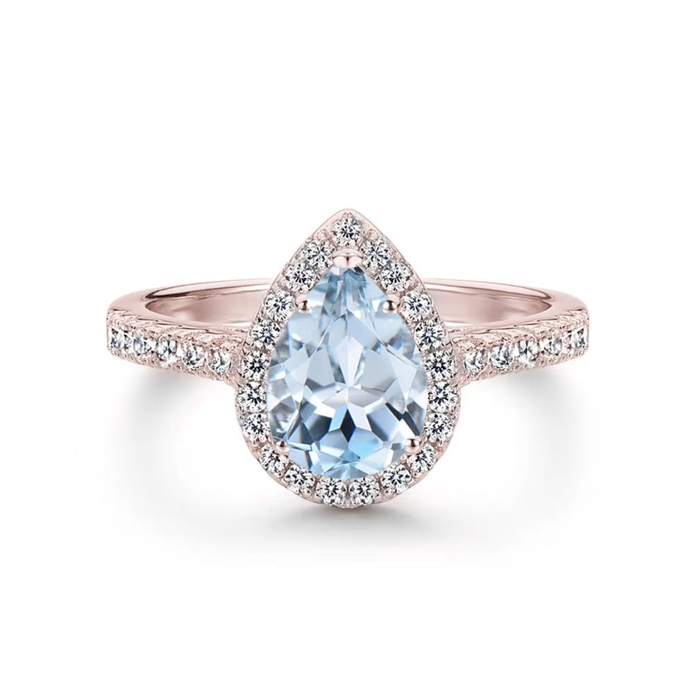 SISGEM Aquamarine Engagement Ring with Natural Diamond,10k Gold 1.0 Carat Pear Cut Natural Aquamarine Rings Engagement Wedding Anniversary Promise Bridal Bands Free Engraved