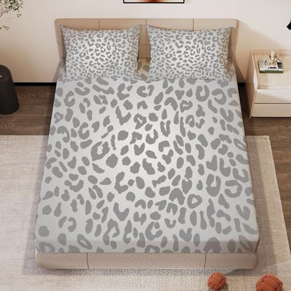 TBUEKLI Silver Gray Leopard Print Queen Size Bed Sheets, Cheetah Print Sheet Set for Girls Kids Boys Women African Animal Themed Fitted Sheet Bedroom Decor Bedding Set 4 Pieces Bed Cover