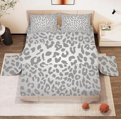 TBUEKLI Silver Gray Leopard Print Queen Size Bed Sheets, Cheetah Print Sheet Set for Girls Kids Boys Women African Animal Themed Fitted Sheet Bedroom Decor Bedding Set 4 Pieces Bed Cover
