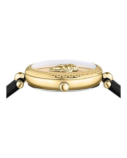 Versace Palazzo Empire Collection Luxury Womens Watch Timepieces with a Black Strap and Dial Featuring a Gold Case