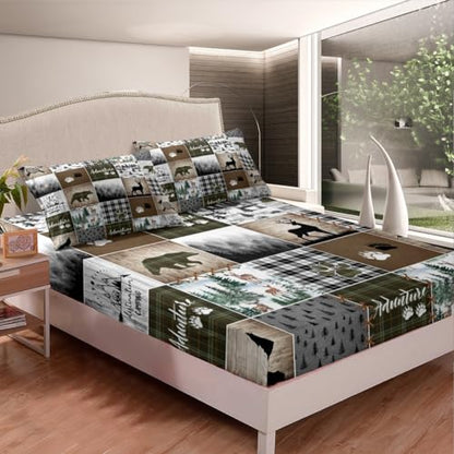 Camping Adventure Kids Fitted Sheet Twin Size,Deer Bear Wolf Wild Animal Hunting Bedding Set,Boys Girls Men Room Decor,Geometric Plaids Pines Bed Cover,Camo Rustic Bed Sheet,1 Pillowcase
