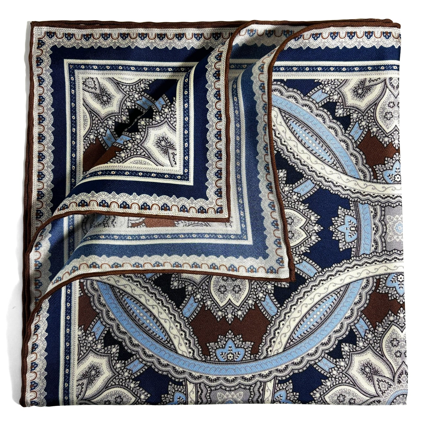 Brown & Light Blue Large Medallion Silk Pocket Square-2