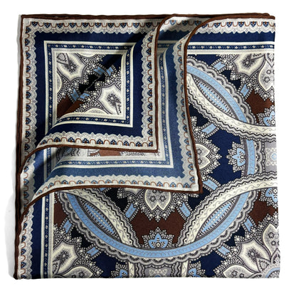 Brown & Light Blue Large Medallion Silk Pocket Square-2