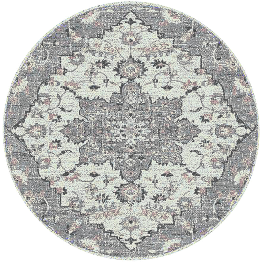 7' Gray Medallion Power Loom Round Rug-1
