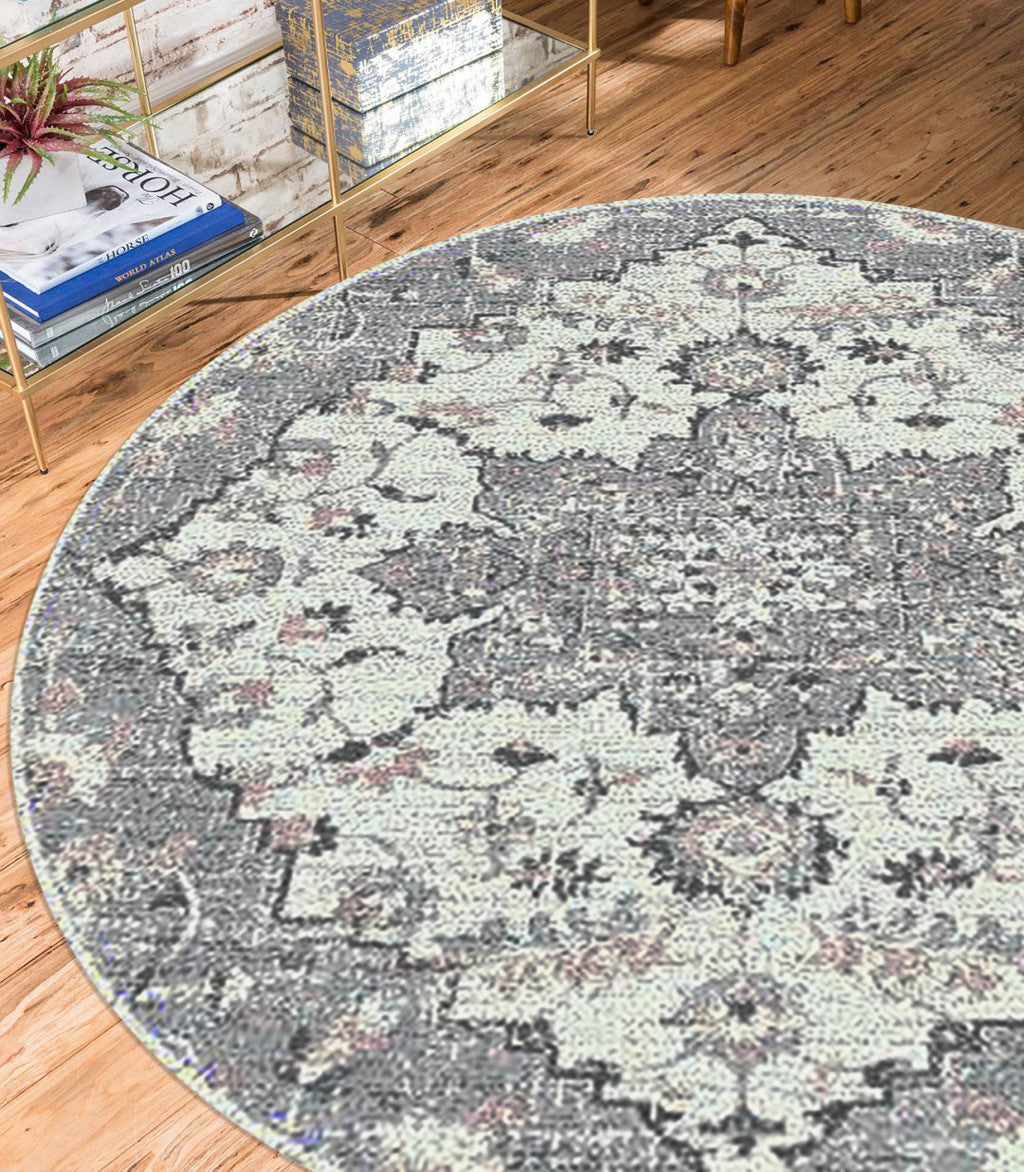 7' Gray Medallion Power Loom Round Rug-3