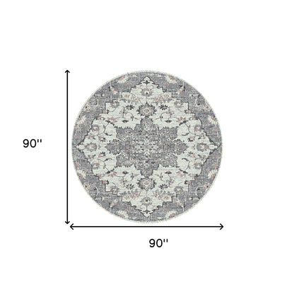 7' Gray Medallion Power Loom Round Rug-2